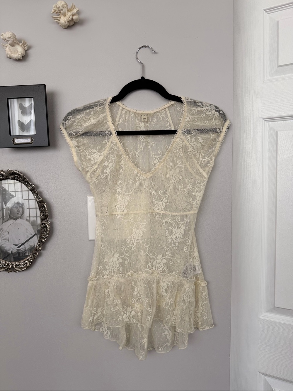 Guess Sheer Floral Lace V-Neck Tunic in Cream